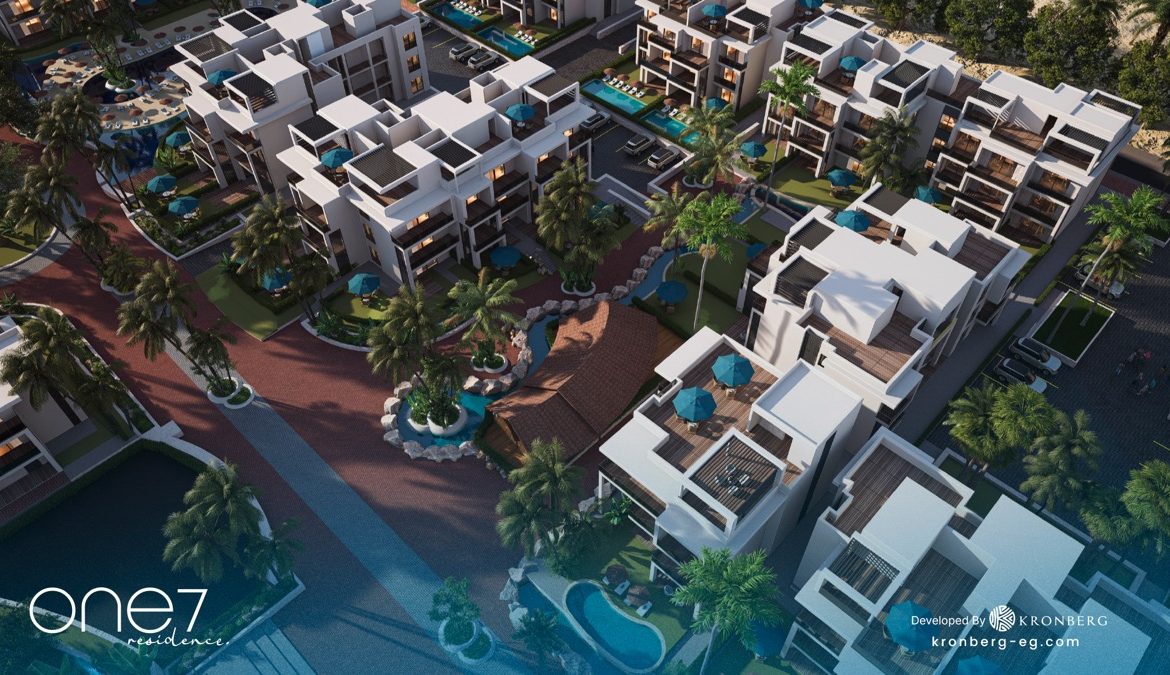 One7 apartments for sale – apartment rooftops beside the lagoon and central plaza, developer rendering