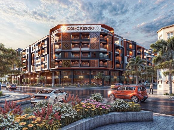 Iconic Hurghada one bedroom – main street façade and resort entrance, developer render
