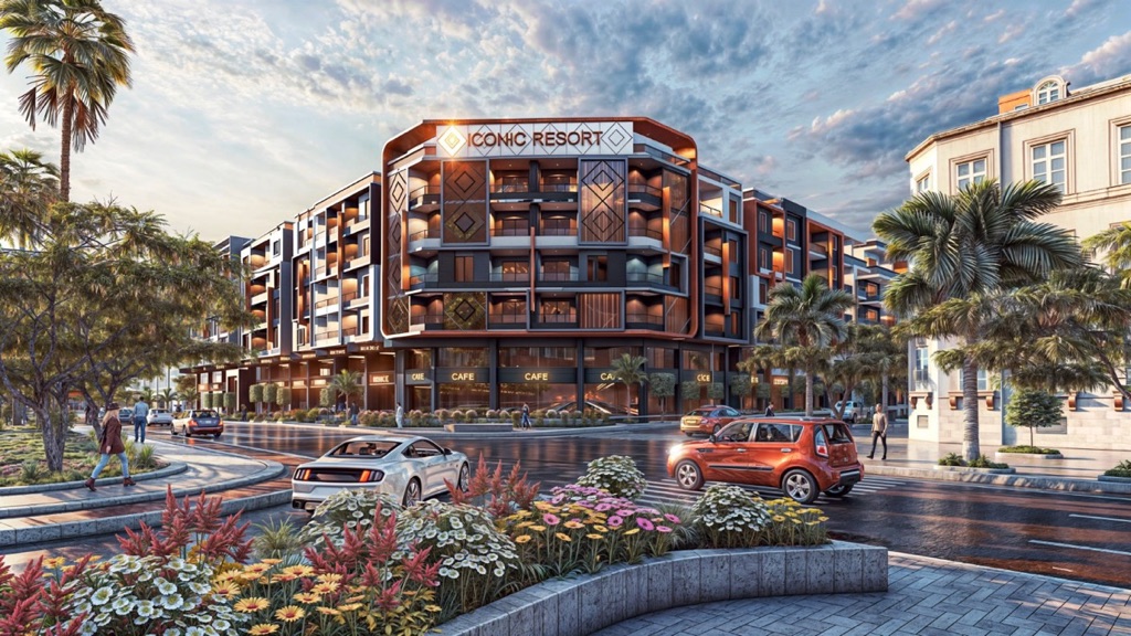 Iconic Hurghada one bedroom – main street façade and resort entrance, developer render