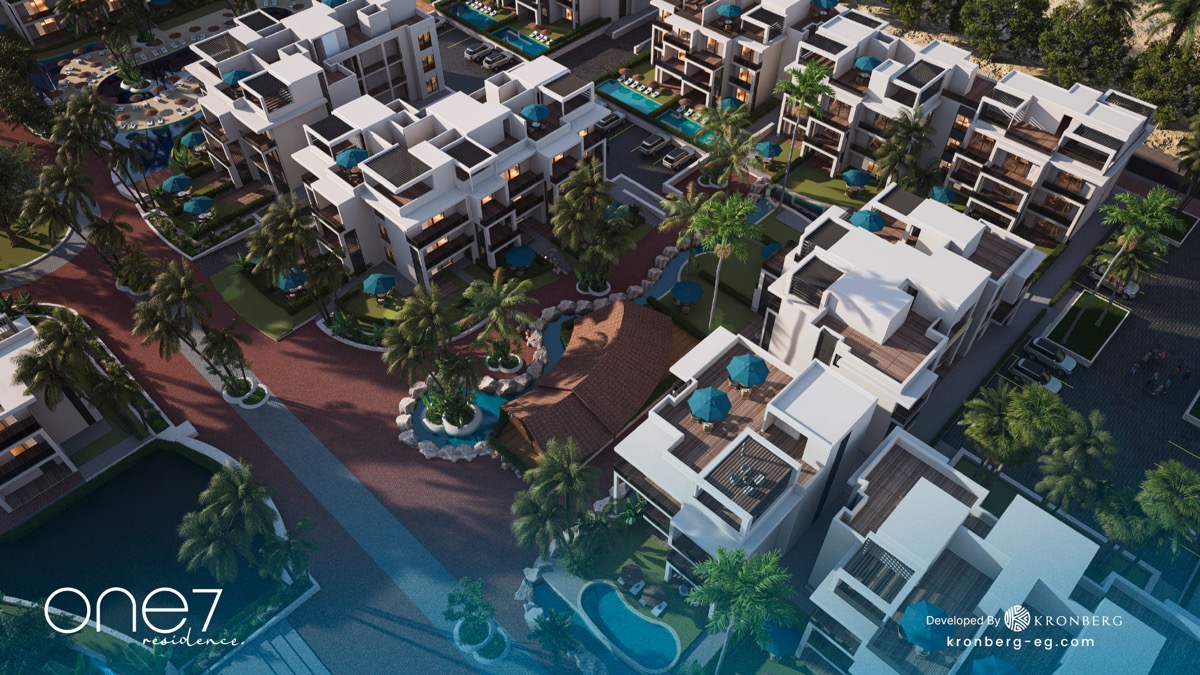 One7 apartments for sale – apartment rooftops beside the lagoon and central plaza, developer rendering