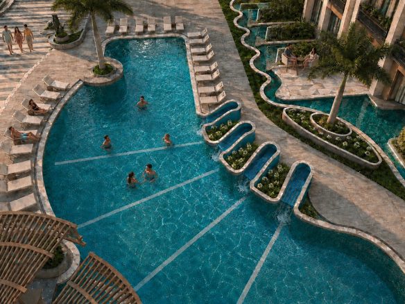 Marvento Resort Hurghada – overhead view of the courtyard pool and sun loungers, developer render