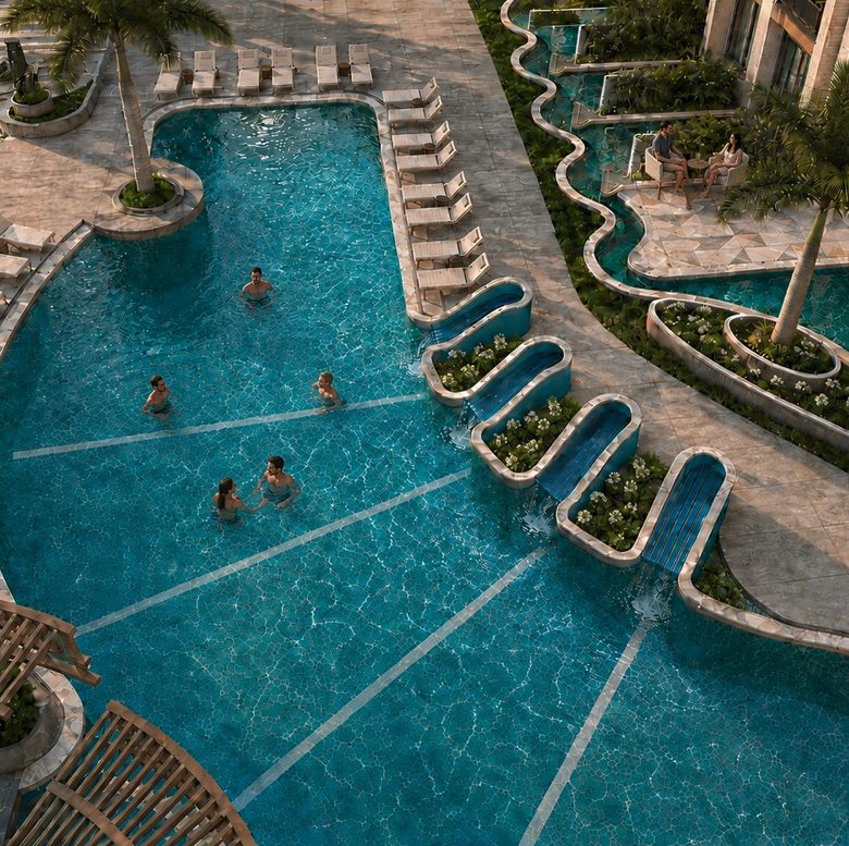Marvento Resort Hurghada – overhead view of the courtyard pool and sun loungers, developer render