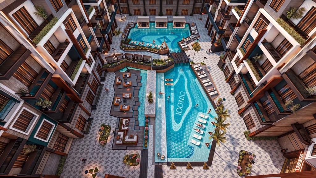 Iconic Resort Hurghada – pool courtyard and apartment balconies, developer render