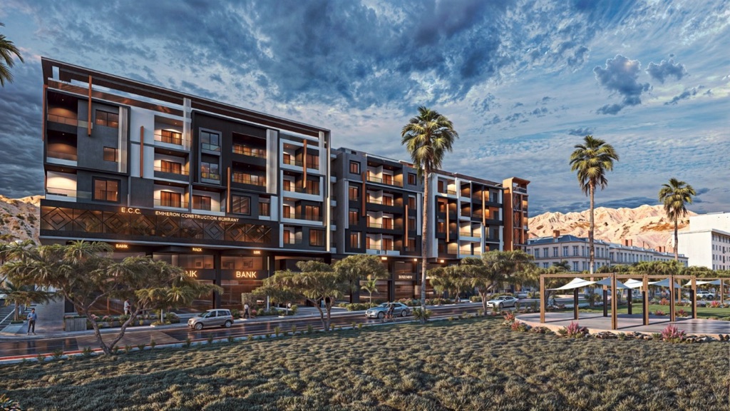 Iconic Resort Hurghada – street façade and palm landscaping, developer render