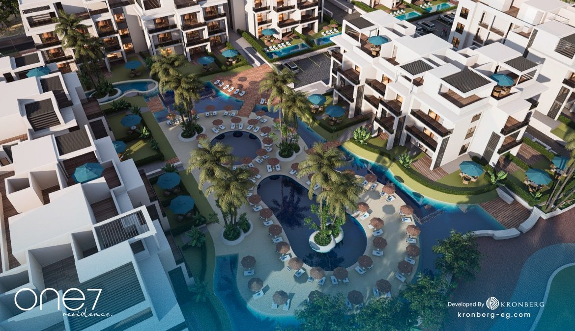 One7 Hurghada penthouse – aerial view of landscaped lagoon islands, developer rendering