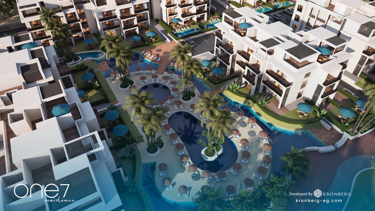 One7 Hurghada penthouse – aerial view of landscaped lagoon islands, developer rendering
