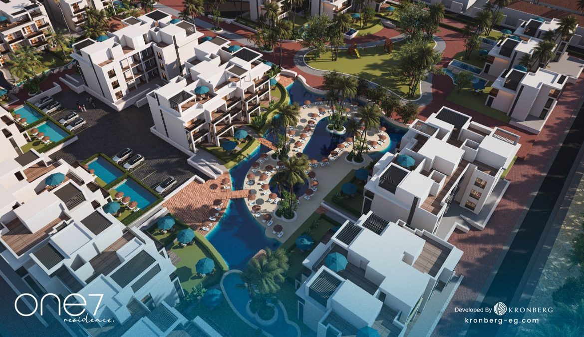 One7 Hurghada – wide view of residences and lagoon channels, developer rendering