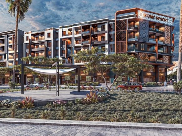 Iconic Hurghada two bedroom – street façade and landscaped approach, developer render