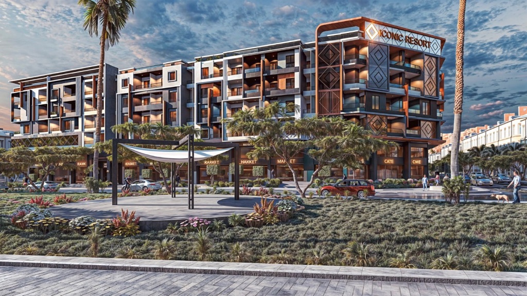 Iconic Hurghada two bedroom – street façade and landscaped approach, developer render