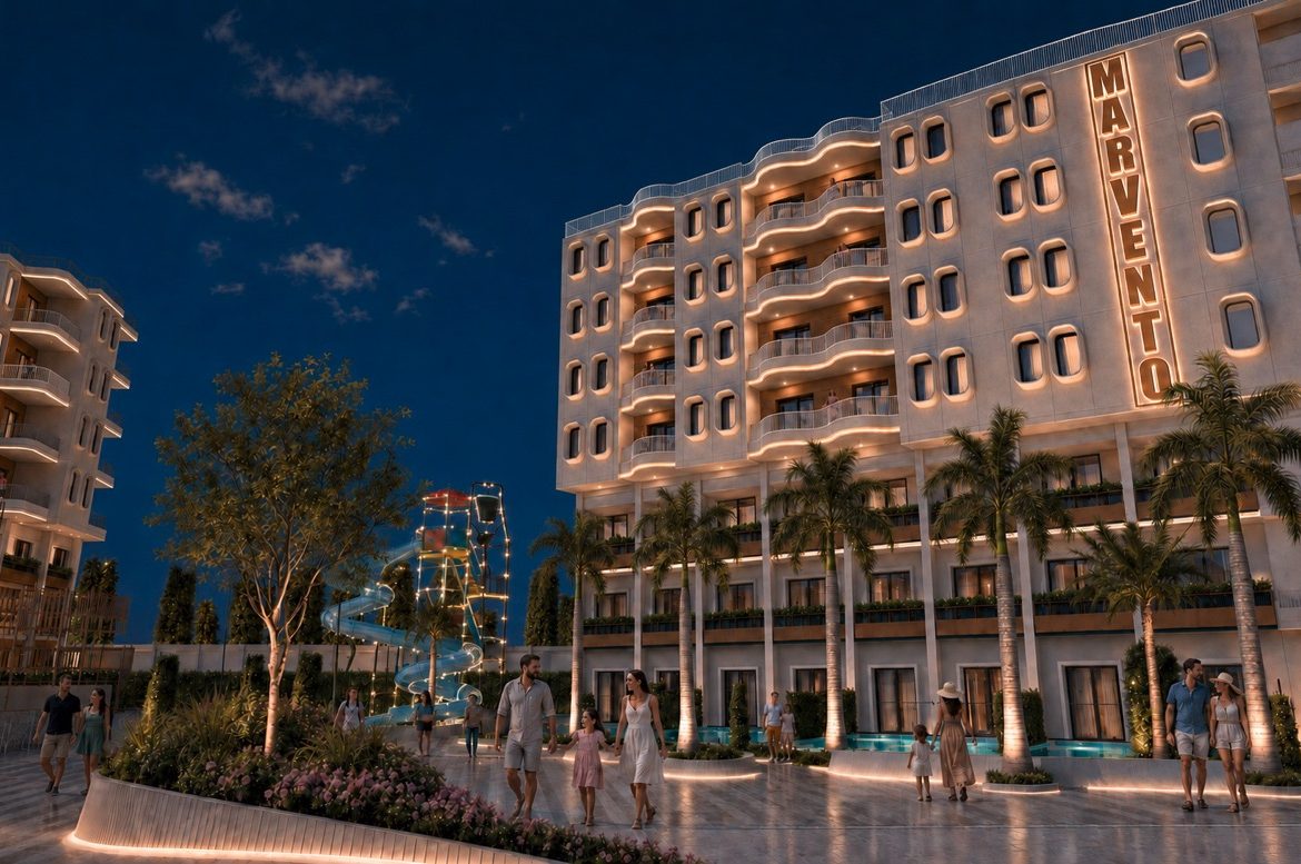 Marvento Resort Hurghada – illuminated corner façade, developer render