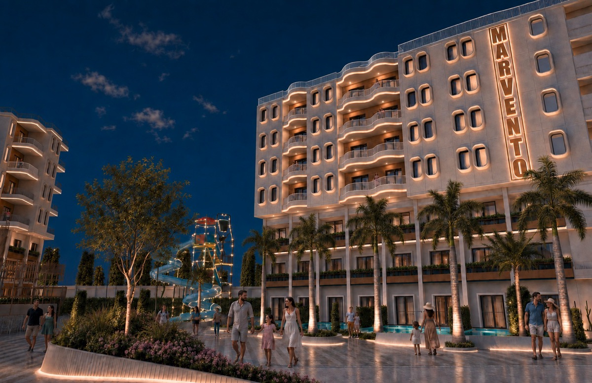 Marvento Resort Hurghada – illuminated corner façade, developer render