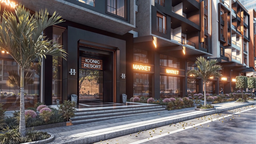 Iconic Resort Hurghada – main entrance and shops at dusk, developer render