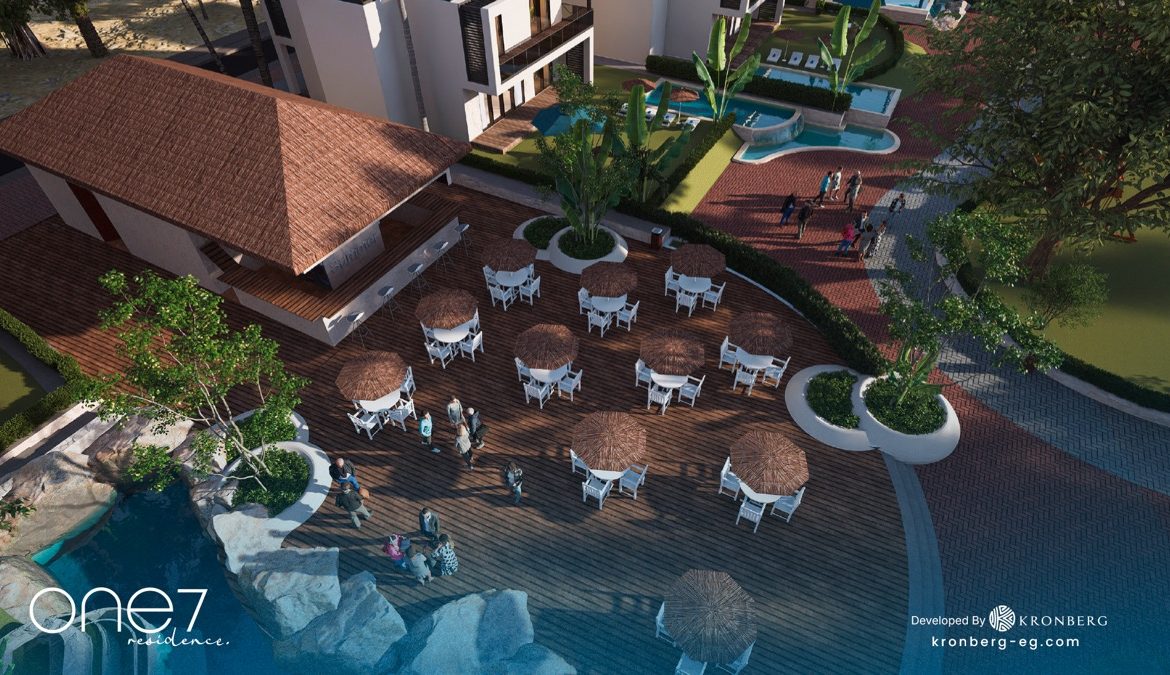 One7 apartments for sale – waterside pavilion with outdoor seating, developer rendering