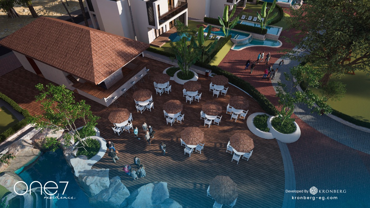 One7 apartments for sale – waterside pavilion with outdoor seating, developer rendering