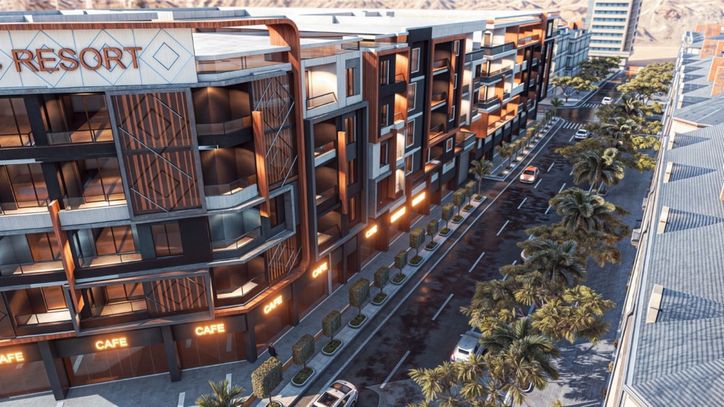 Iconic Resort Hurghada – corner façade and commercial frontage, developer render