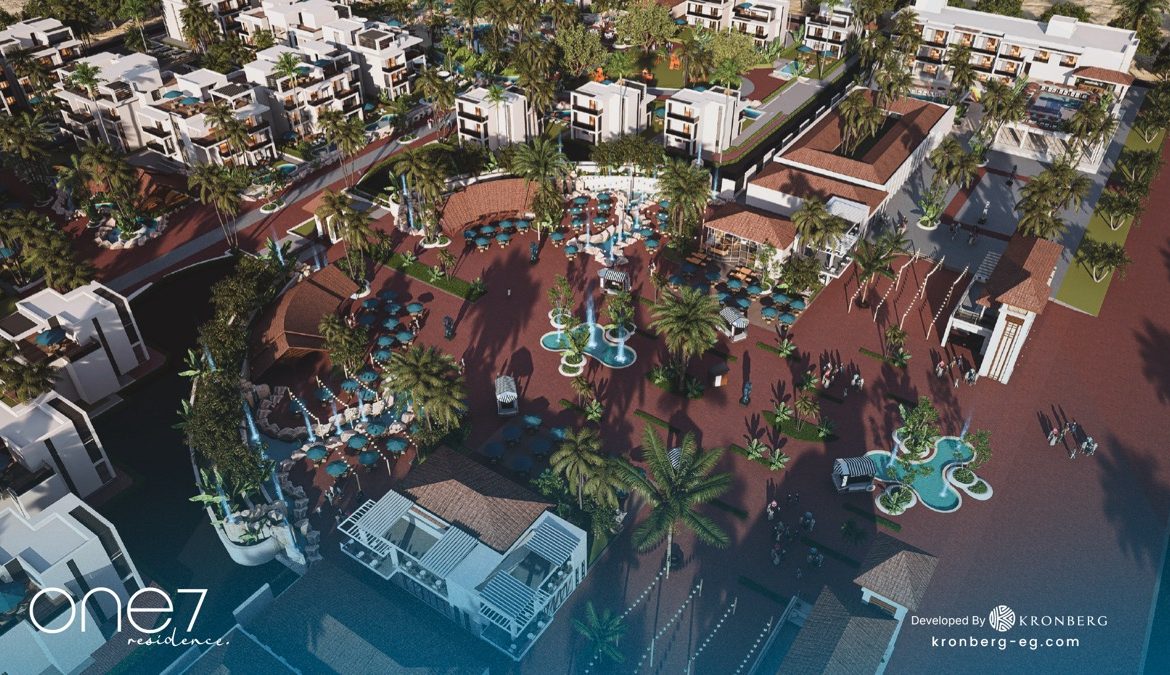 One7 Hurghada – overhead view of the palm-lined plaza, developer rendering