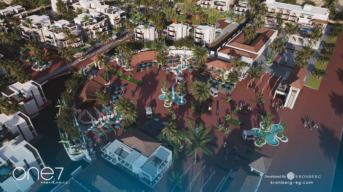 One7 Hurghada – overhead view of the palm-lined plaza, developer rendering
