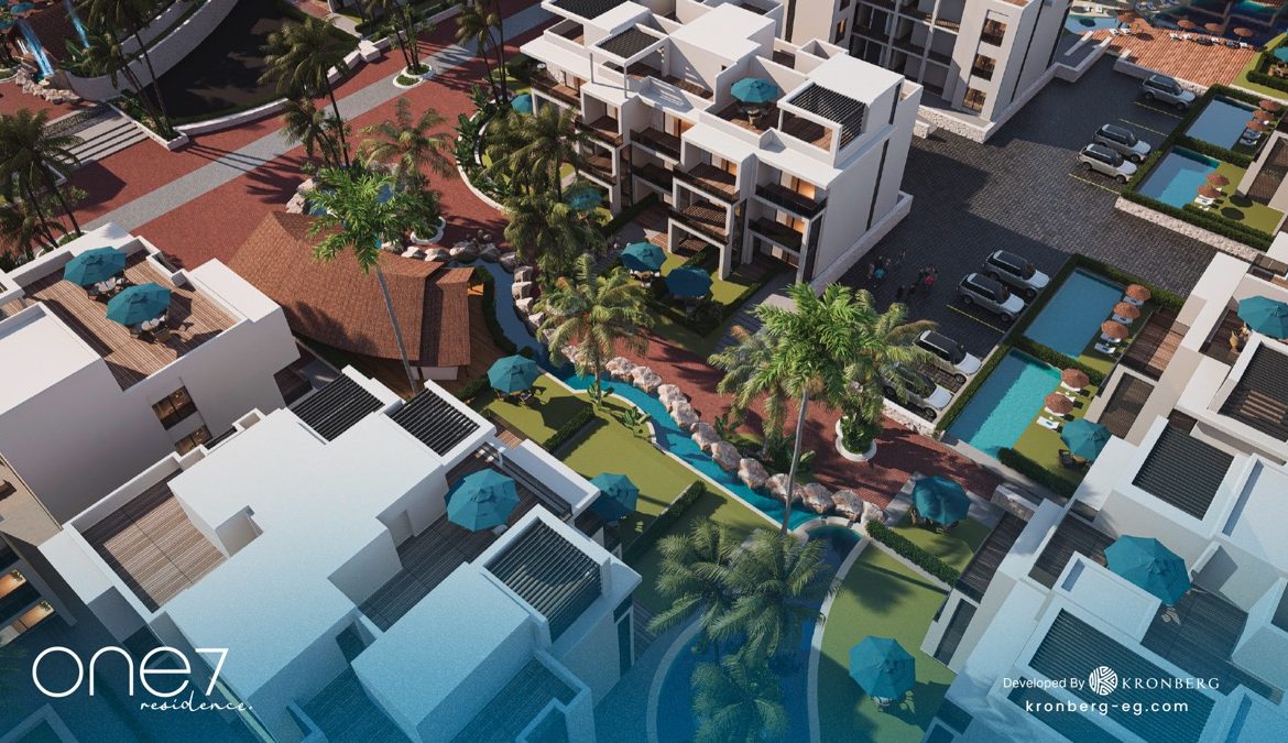 One7 Hurghada apartments – apartment rooftops with private pools and gardens, developer rendering
