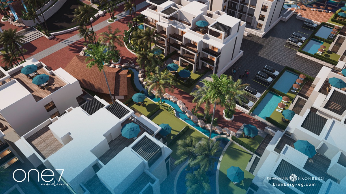 One7 Hurghada apartments – apartment rooftops with private pools and gardens, developer rendering