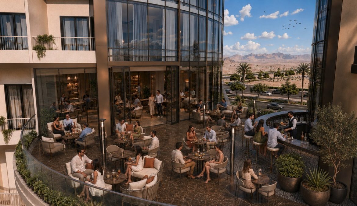 Marvento Resort Hurghada – outdoor café terrace beside glazing, developer render