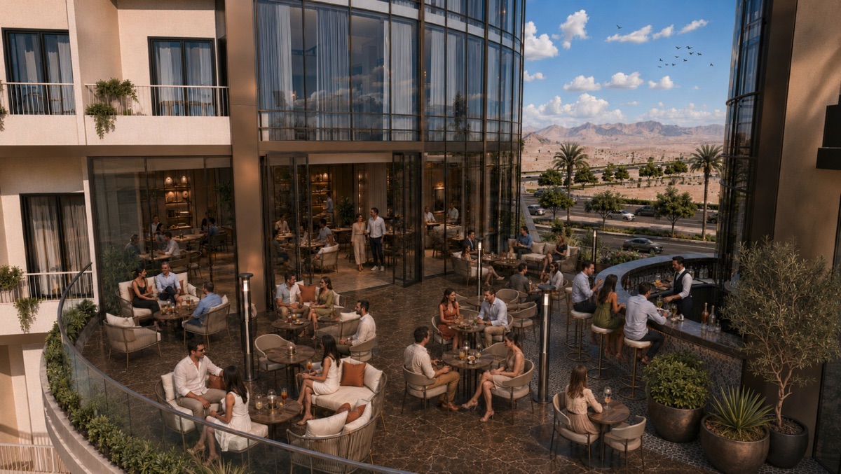 Marvento Resort Hurghada – outdoor café terrace beside glazing, developer render