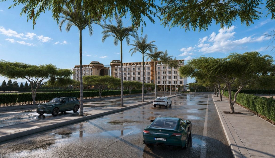 Marvento Resort Hurghada – palm-lined road approaching the resort, developer render