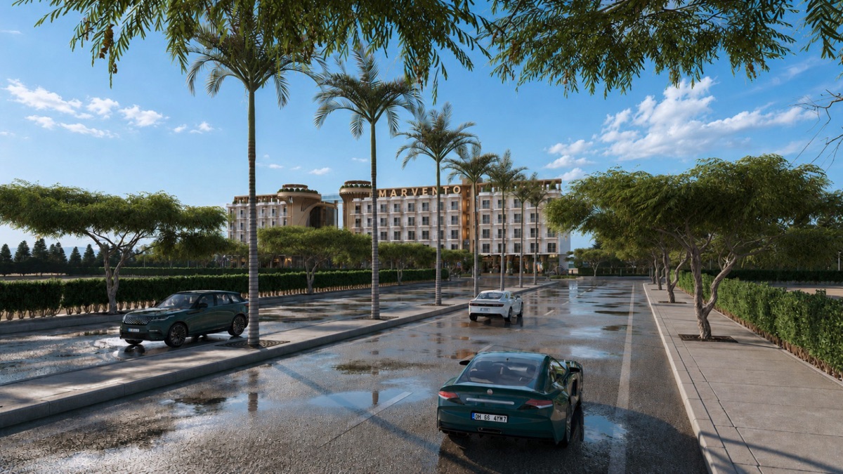 Marvento Resort Hurghada – Palm-lined road approaching the resort Marvento Resort Hurghada – palm-lined road approaching the resort, developer render