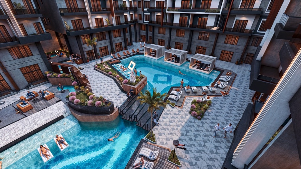 Iconic Resort Hurghada – overhead view of connecting pools, developer render