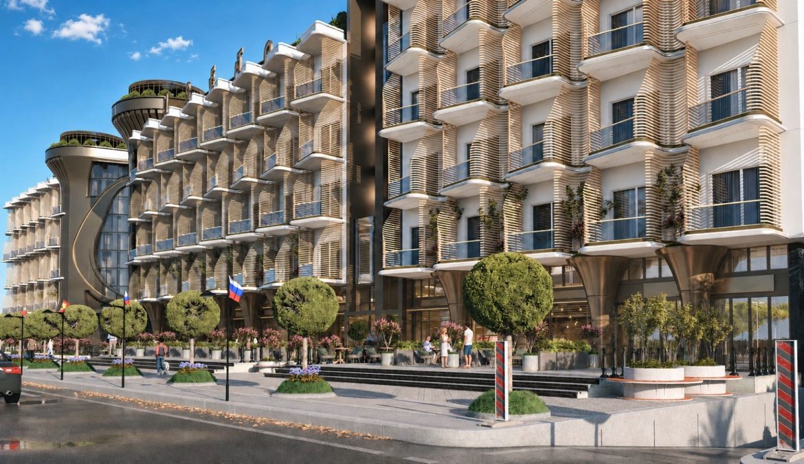 Marvento Resort Hurghada – apartment balconies above the commercial frontage, developer render