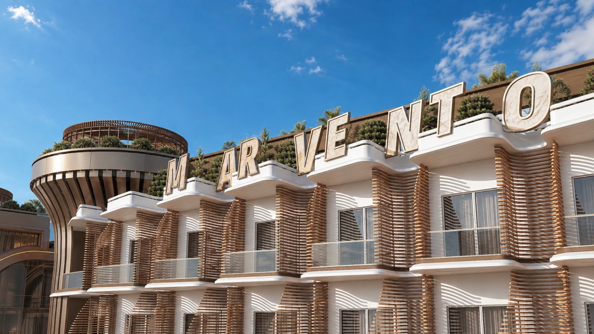 Marvento Resort Hurghada – Marvento rooftop lettering and curved architecture Marvento Resort Hurghada – marvento rooftop lettering and curved architecture, developer render