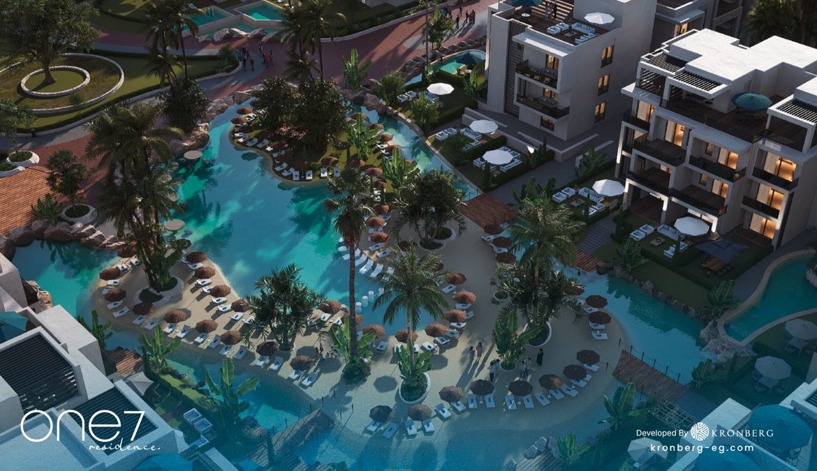One7 Hurghada – aerial view of the lagoon and apartment terraces, developer rendering