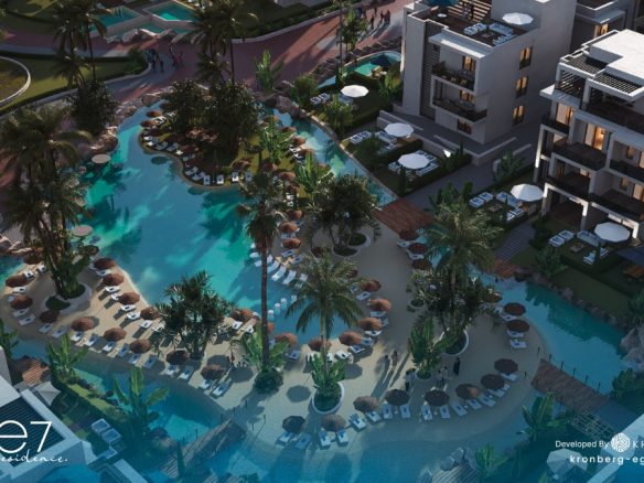 One7 Hurghada – aerial view of the lagoon and apartment terraces, developer rendering