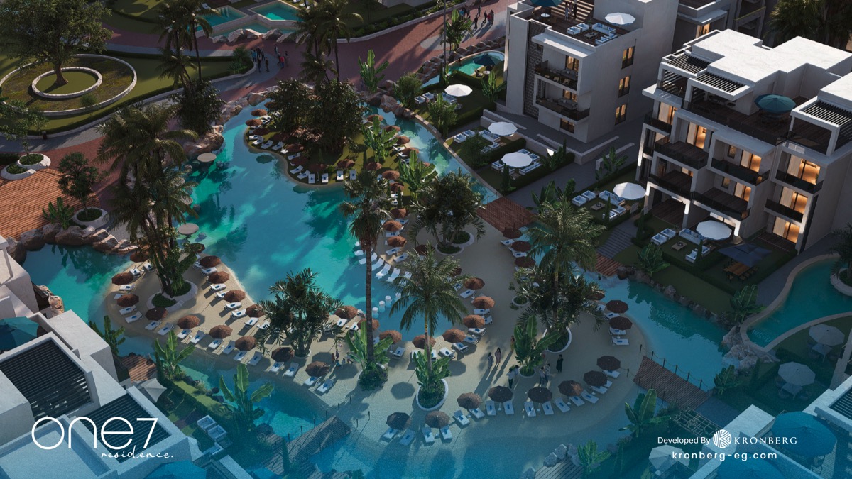 One7 Hurghada – aerial view of the lagoon and apartment terraces, developer rendering