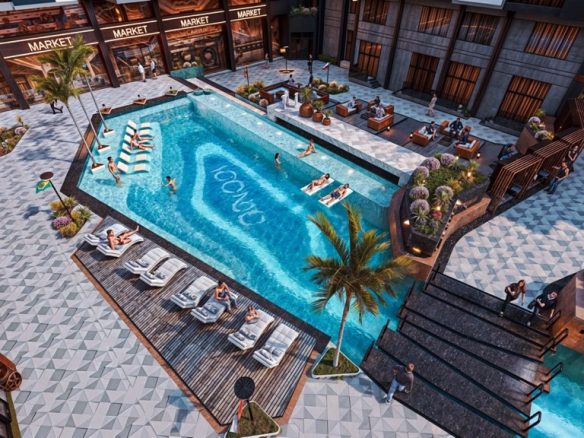 Iconic three bedroom apartment – aerial view of the pool and surrounding terraces, developer render