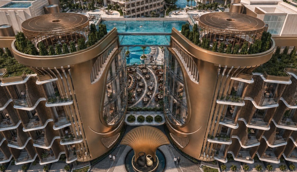 Marvento Resort Hurghada – elevated pools and landscaped courtyard between buildings, developer render