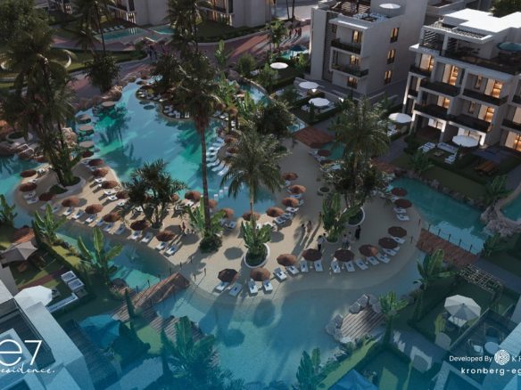 One7 Hurghada apartments – aerial lagoon view with landscaped islands, developer rendering