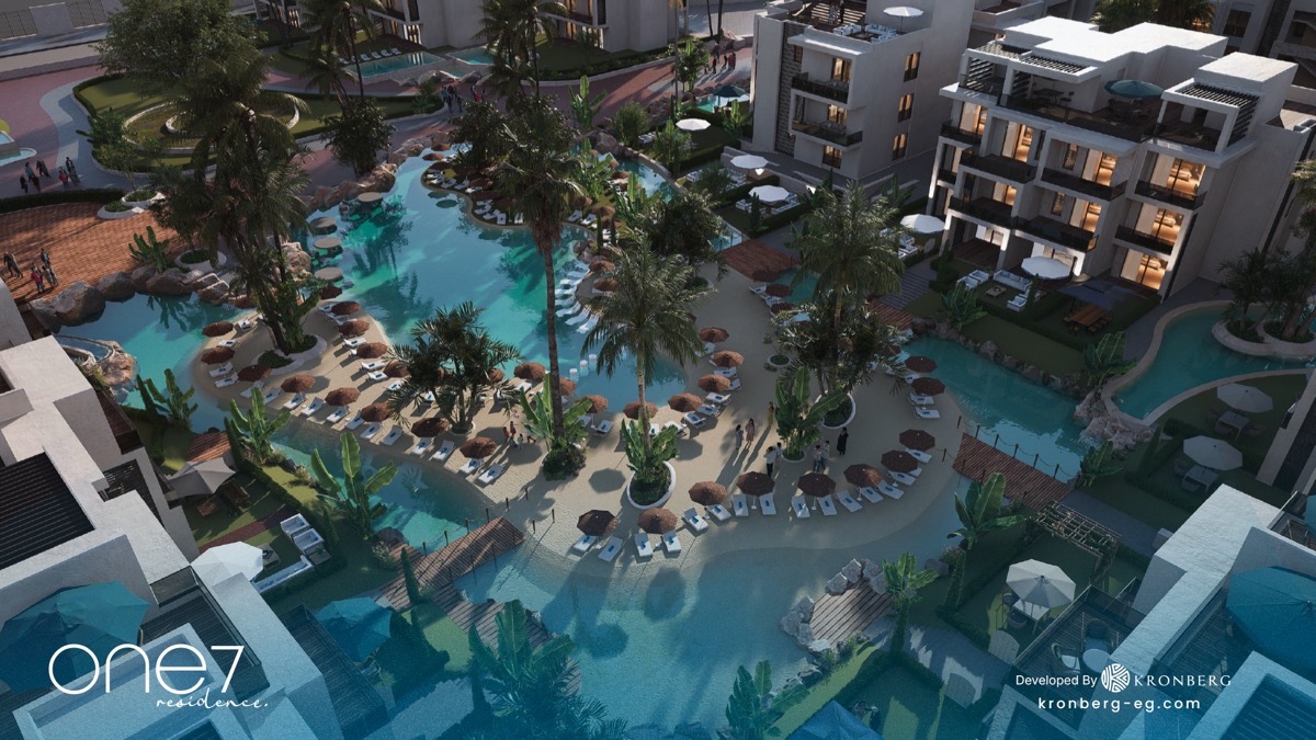 One7 Hurghada apartments – aerial lagoon view with landscaped islands, developer rendering