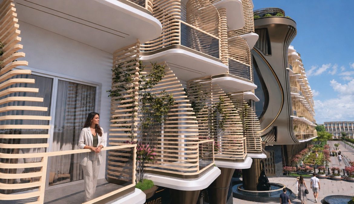 Marvento Resort Hurghada – close view of planted curved balconies, developer render