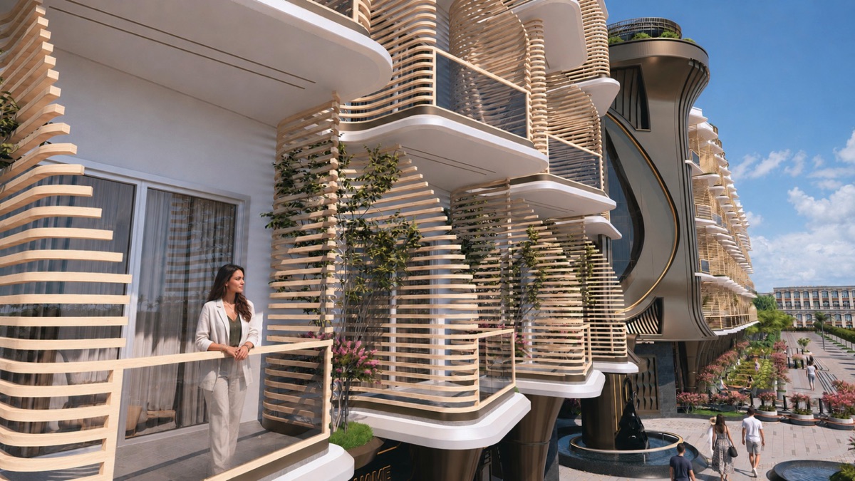 Marvento Resort Hurghada – Close view of planted curved balconies Marvento Resort Hurghada – close view of planted curved balconies, developer render