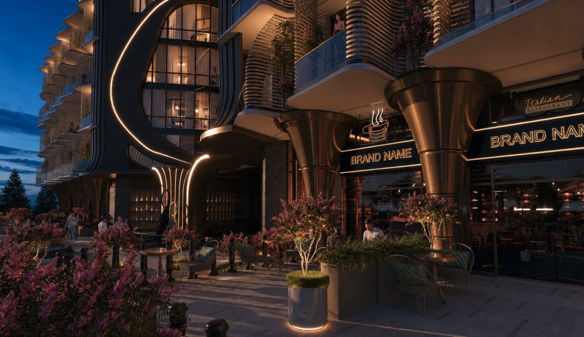 Marvento Resort Hurghada – curved façade and retail units at dusk, developer render
