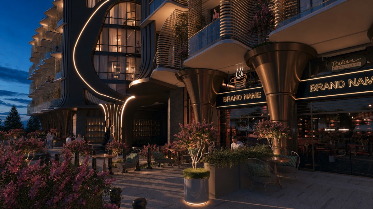 Marvento Resort Hurghada – curved façade and retail units at dusk, developer render