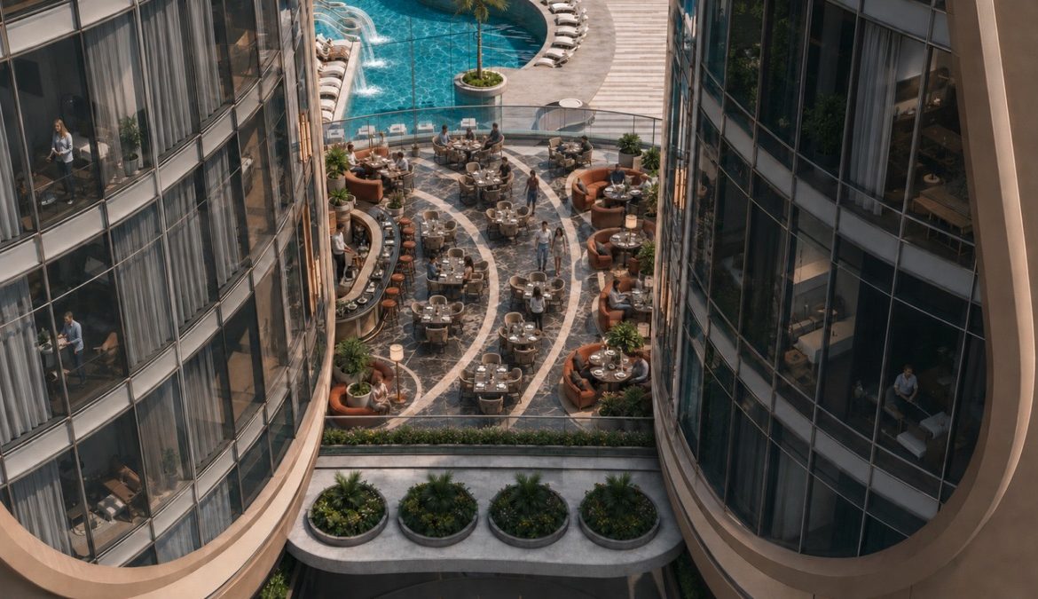Marvento Resort Hurghada – courtyard and sky-pool bridge viewed between towers, developer render