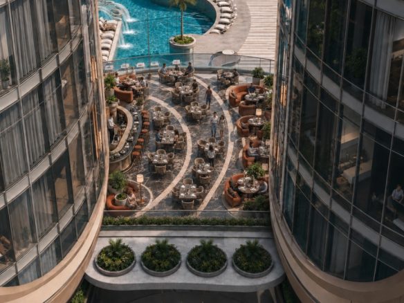 Marvento Resort Hurghada – courtyard and sky-pool bridge viewed between towers, developer render