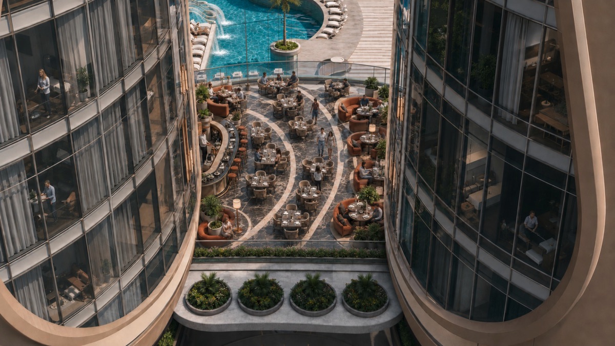 Marvento Resort Hurghada – courtyard and sky-pool bridge viewed between towers, developer render