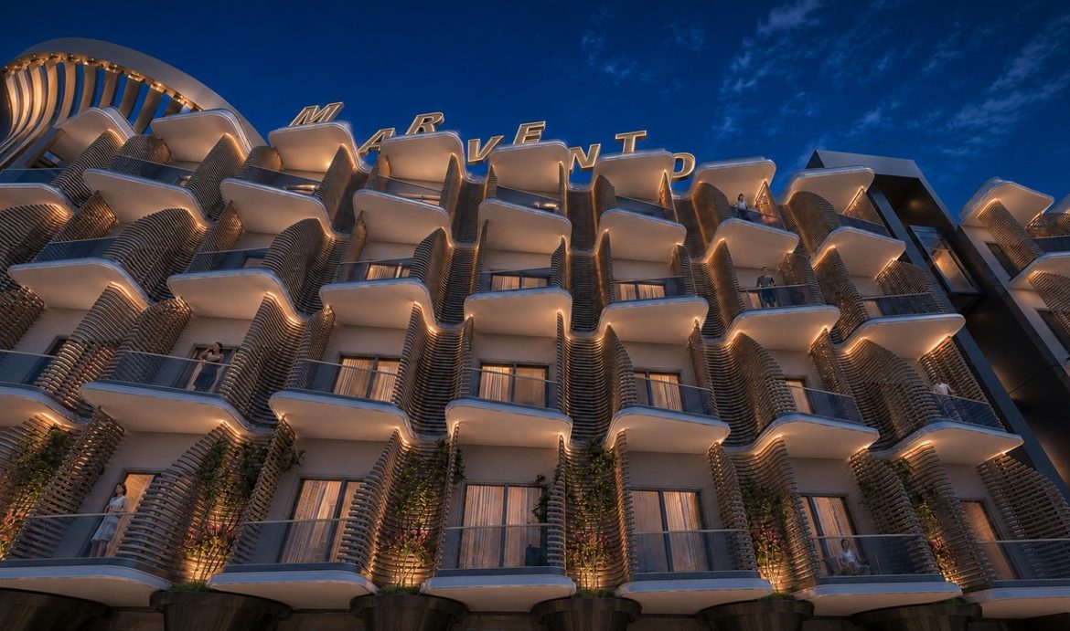 Marvento Resort Hurghada – residential balconies illuminated at night, developer render