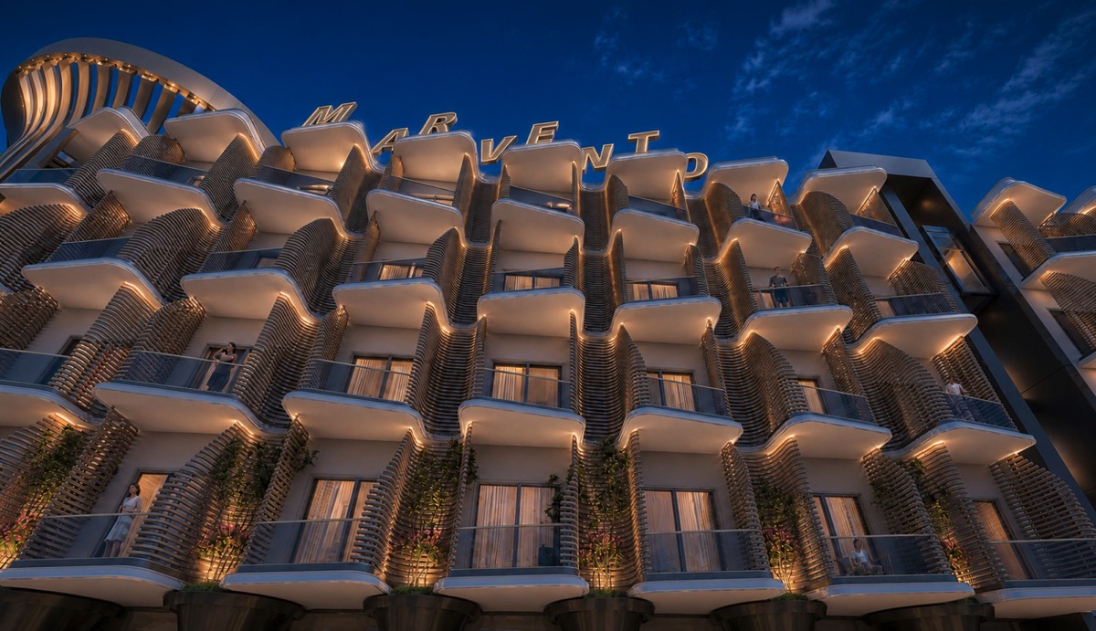 Marvento Resort Hurghada – Residential balconies illuminated at night Marvento Resort Hurghada – residential balconies illuminated at night, developer render
