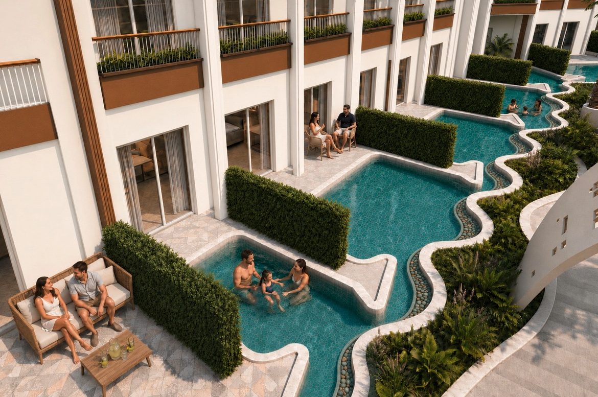 Marvento Resort Hurghada – poolside seating beneath planted terraces, developer render