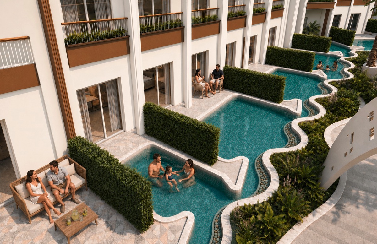 Marvento Resort Hurghada – poolside seating beneath planted terraces, developer render