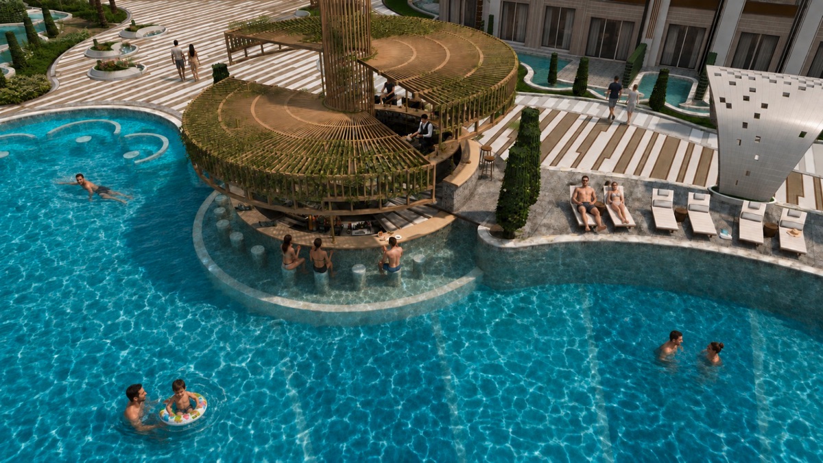 Marvento Resort Hurghada – Overhead view of circular pool bar Marvento Resort Hurghada – overhead view of circular pool bar, developer render