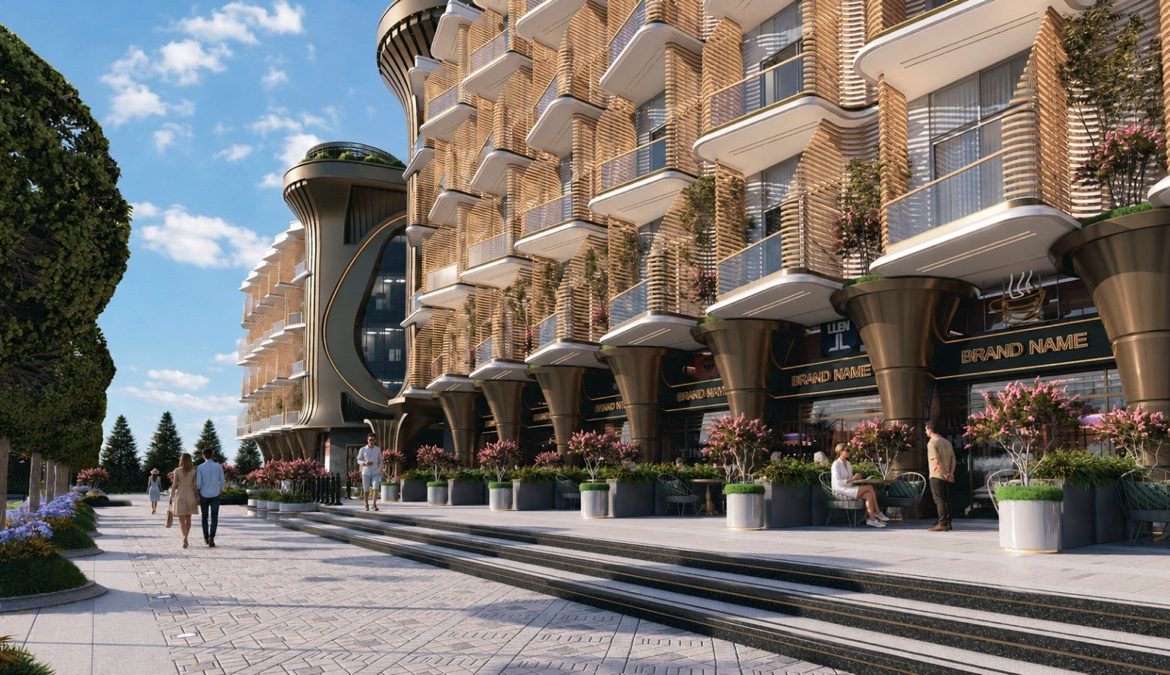 Marvento Resort Hurghada – pedestrian route beside shops and apartment façades, developer render